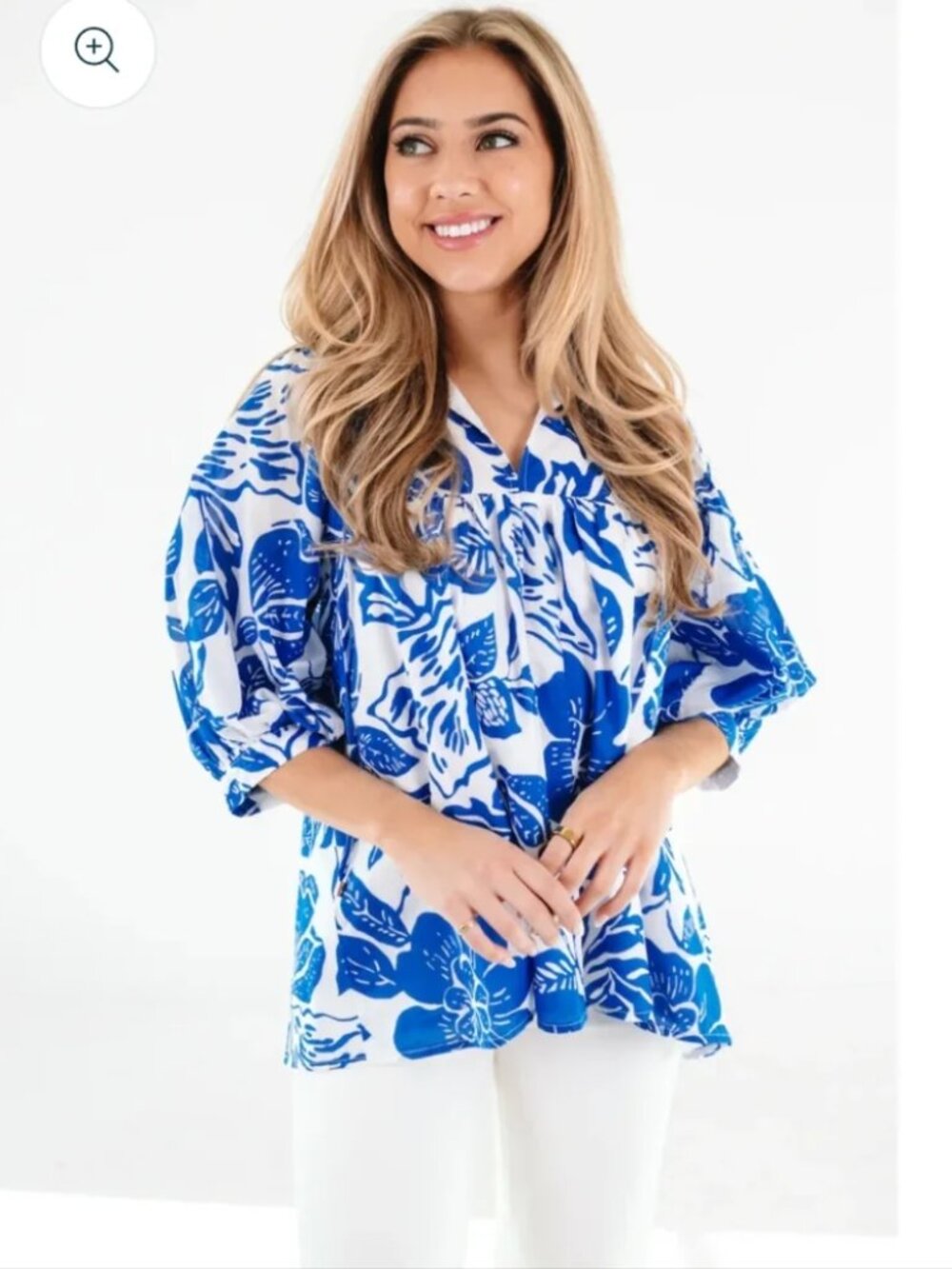 J. MARIE Laken Puff Sleeve Tunic Top Women's Size XS Blue White Cotton